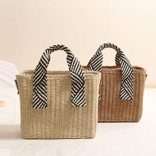 Boho Handmade Straw Shoulder Handbag with Leather Handles