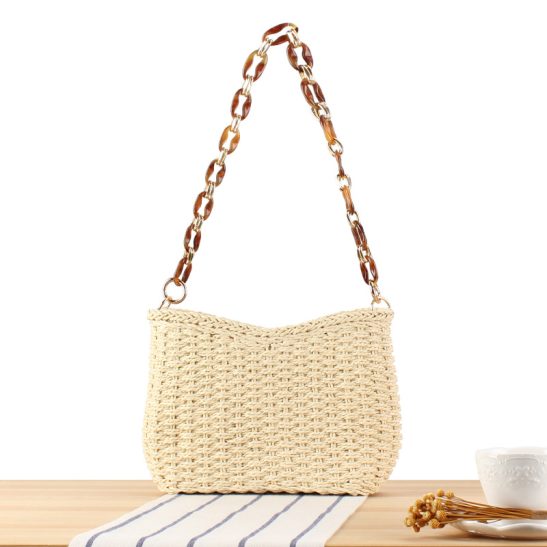 Small Handmade Straw Pocketbook Crossbody Bag with Chain Strap