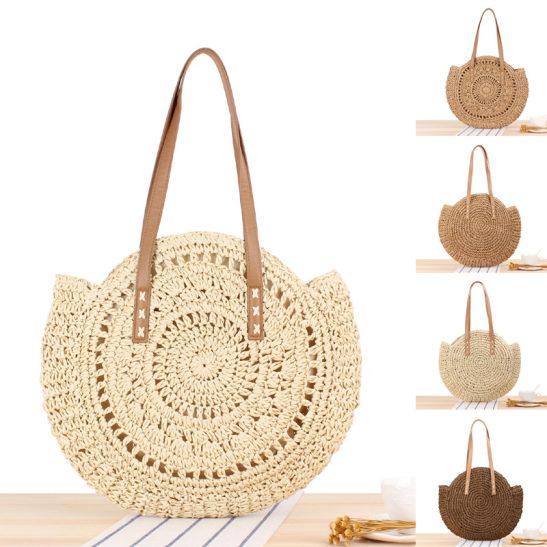 Classic Round Straw Beach Shoulder Bag for Women – Handwoven Summer Tote