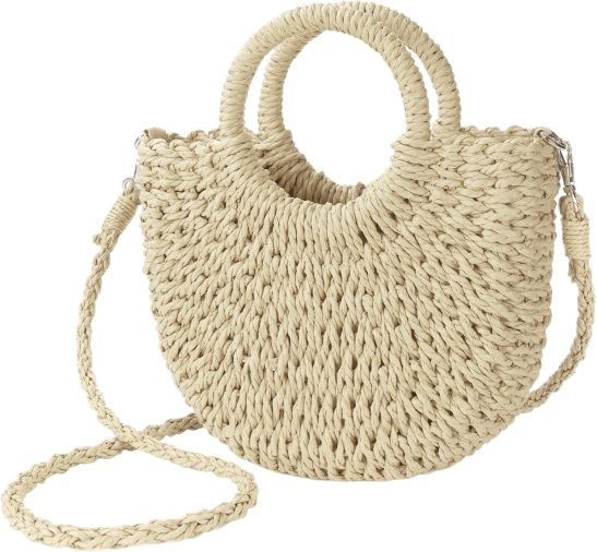 Handwoven Straw Beach Bag with Top Handle and Crossbody Strap – Summer Satchel Purse